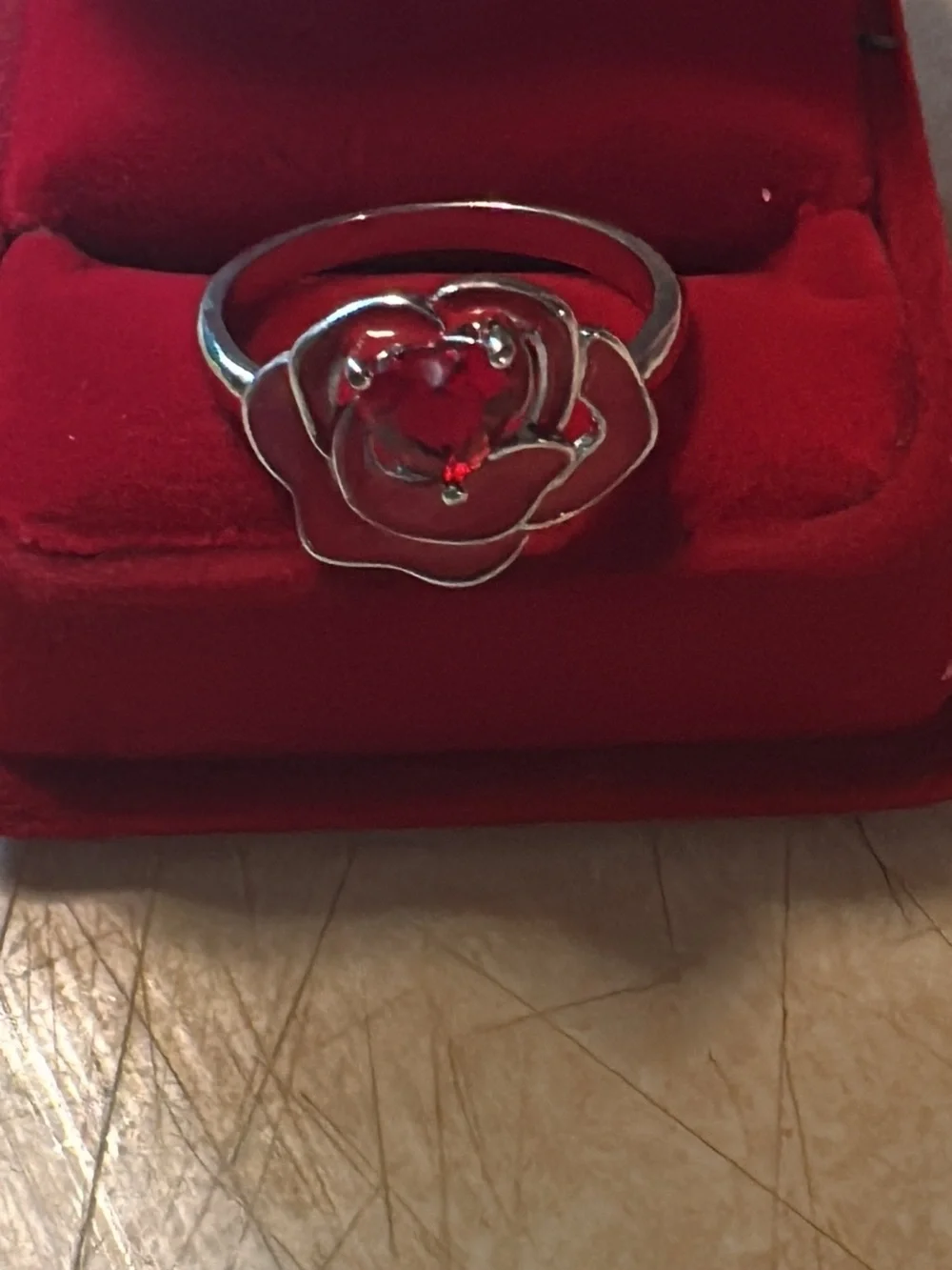 Silver tone Rose Ring with Red Heart Gem - Women's Jewelry